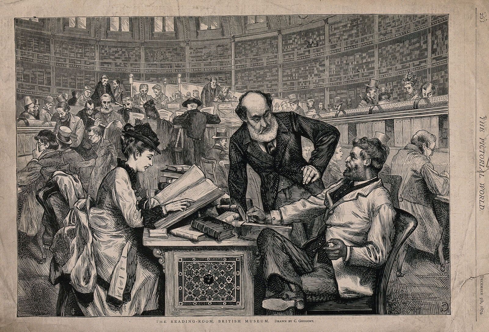 A wood engraving of readers at desks in the domed reading room of the British Museum.