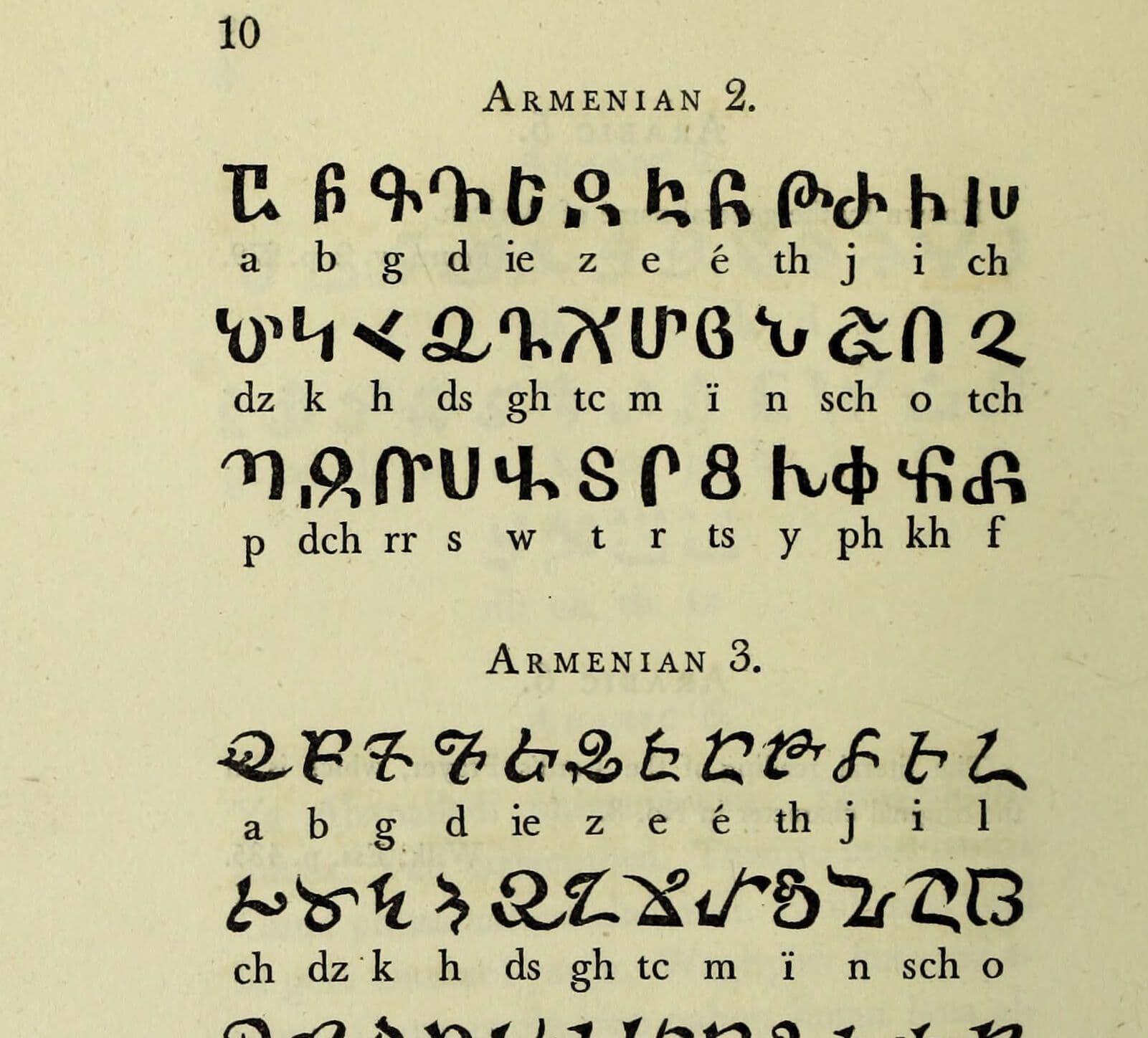 A printed table of Armenian letters, each shown above its sound written in Latin letters.